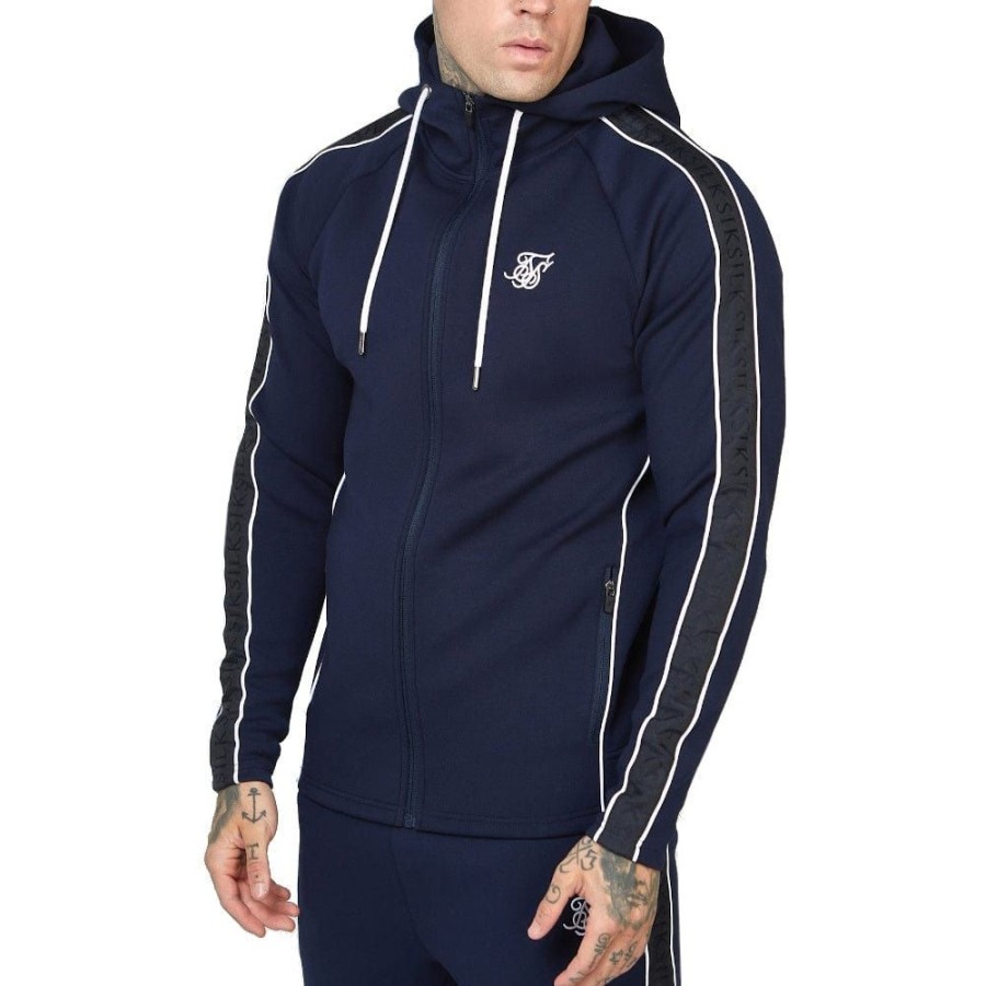 Men SikSilk Hoodies & Sweats | Siksilk Taped Zip Thru Hoodie - Navy