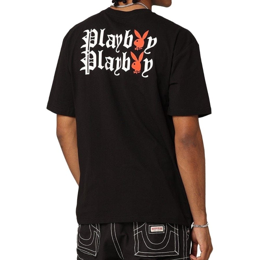 Men PLAYBOY Tees | Playboy Bunny O Gothic Stack Drop Shoulder Tee - Black