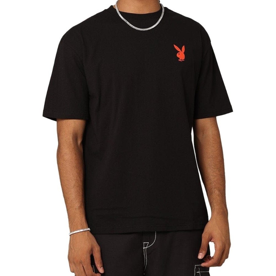 Men PLAYBOY Tees | Playboy Bunny O Gothic Stack Drop Shoulder Tee - Black