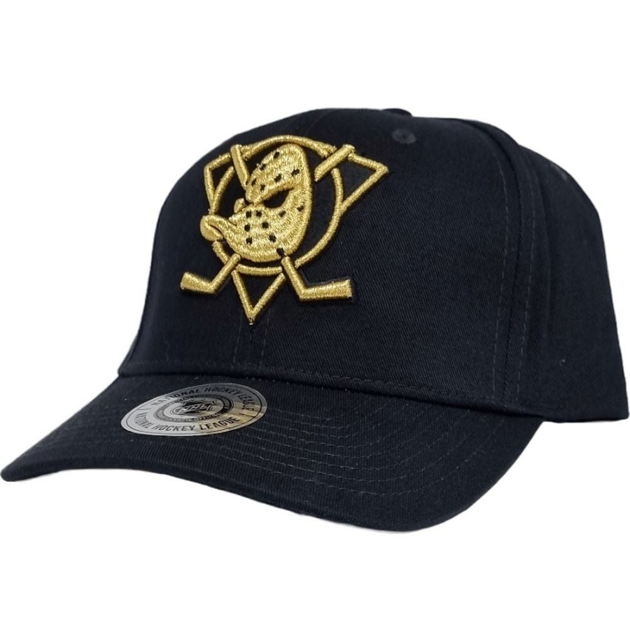 Men Majestic Athletic Snapback | Majestic Athletic Gold Logo Pro Crown Snapback Anaheim Ducks - Faded Black