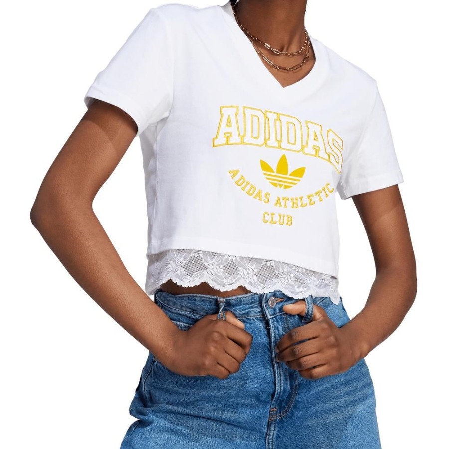 Women Adidas Tops | Adidas Womens Cropped Lace Trim V-Neck Tee - White