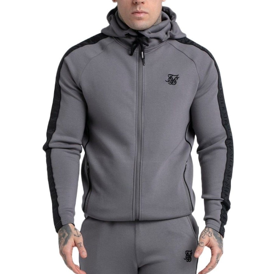 Men SikSilk Hoodies & Sweats | Siksilk Taped Zip Thru Hoodie - Grey