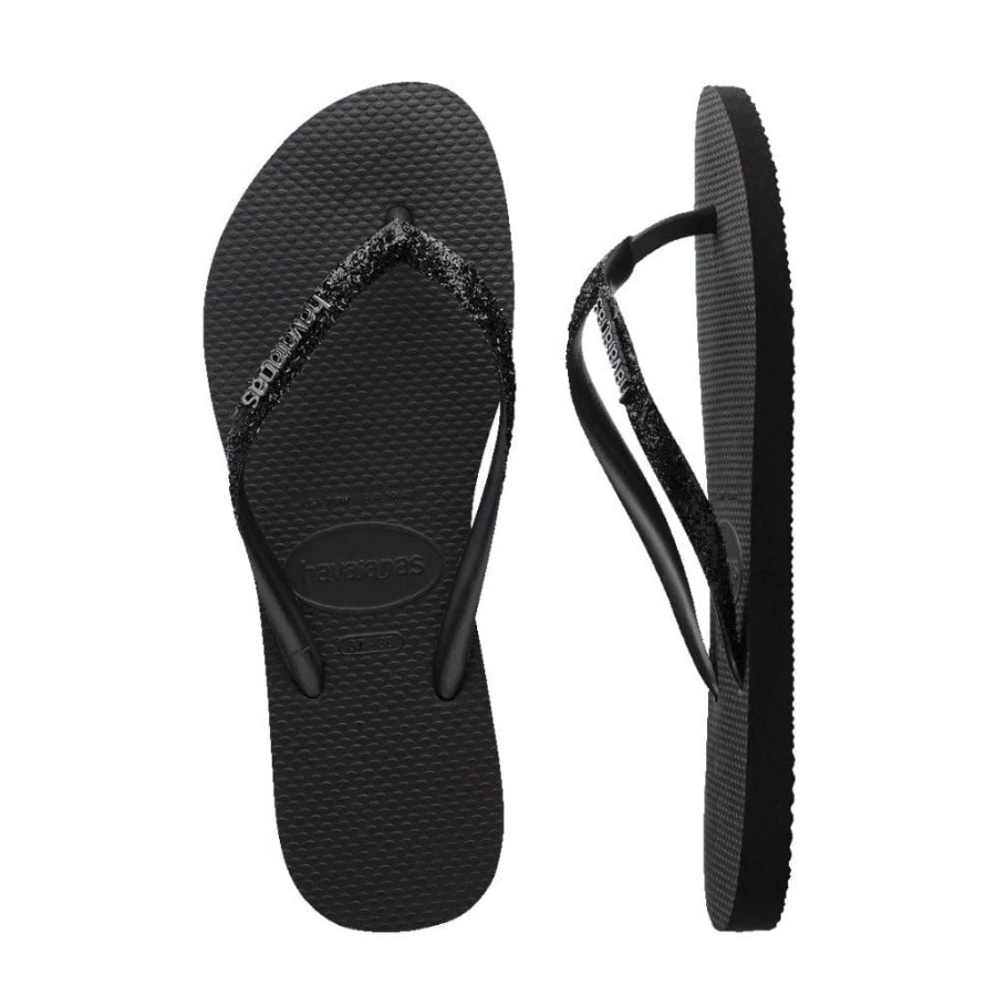 Men Havaianas Havaianas | Havaianas Womens Slim Metal Logo Glitter Ii - Black / Dark Grey