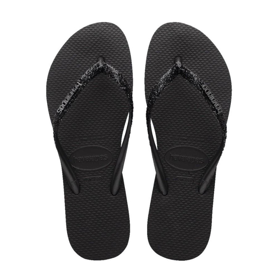 Men Havaianas Havaianas | Havaianas Womens Slim Metal Logo Glitter Ii - Black / Dark Grey