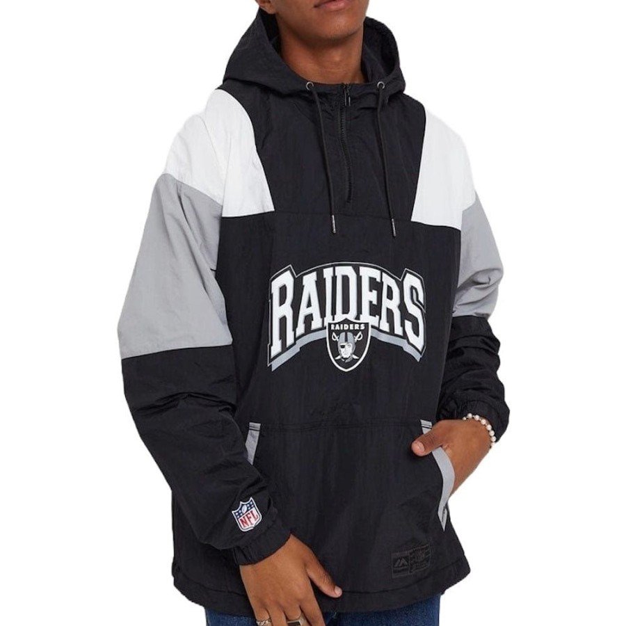 Men Majestic Athletic Jackets | Majestic Athletic League Panel 1/2 Zip Windbreaker Las Vegas Raiders - Faded Black