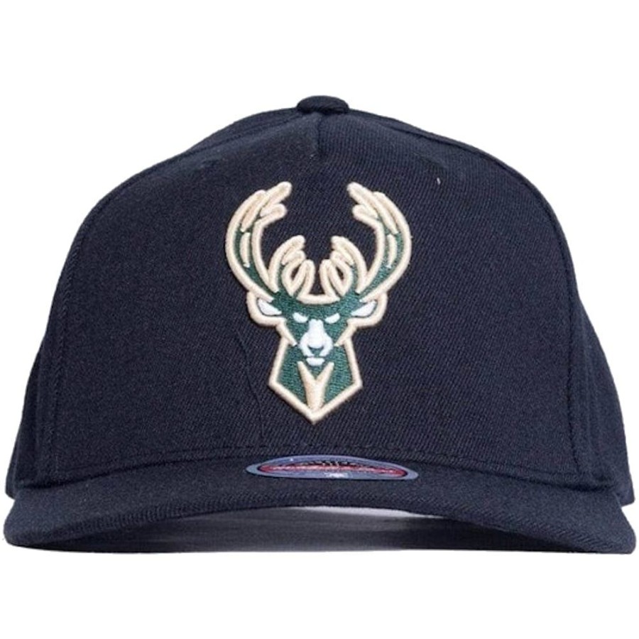 Men Mitchell u0026 Ness Nba Hats | Mitchell & Ness Team Colour Logo Classic Redline Stretch Snapback Milwaukee Bucks - Black